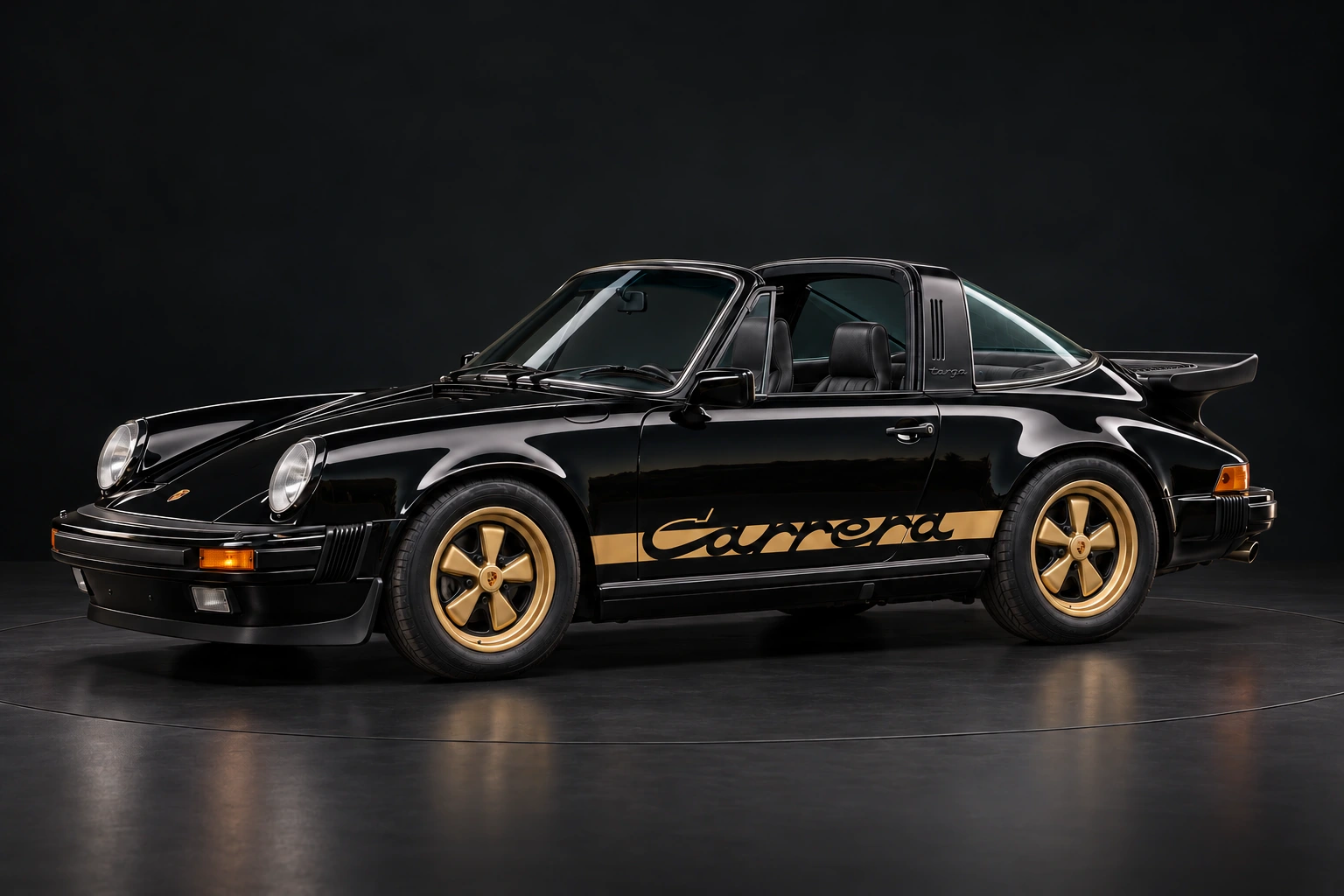 Studio interpretation of the black and gold Carrera 3.0 Targa with a black interior